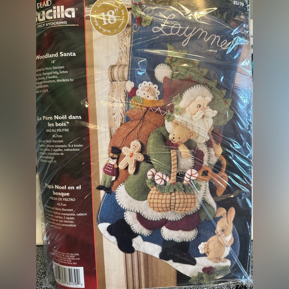 Bucilla Woodland Santa Stocking Kit - Green, Red, Brown-complete kit- open packa